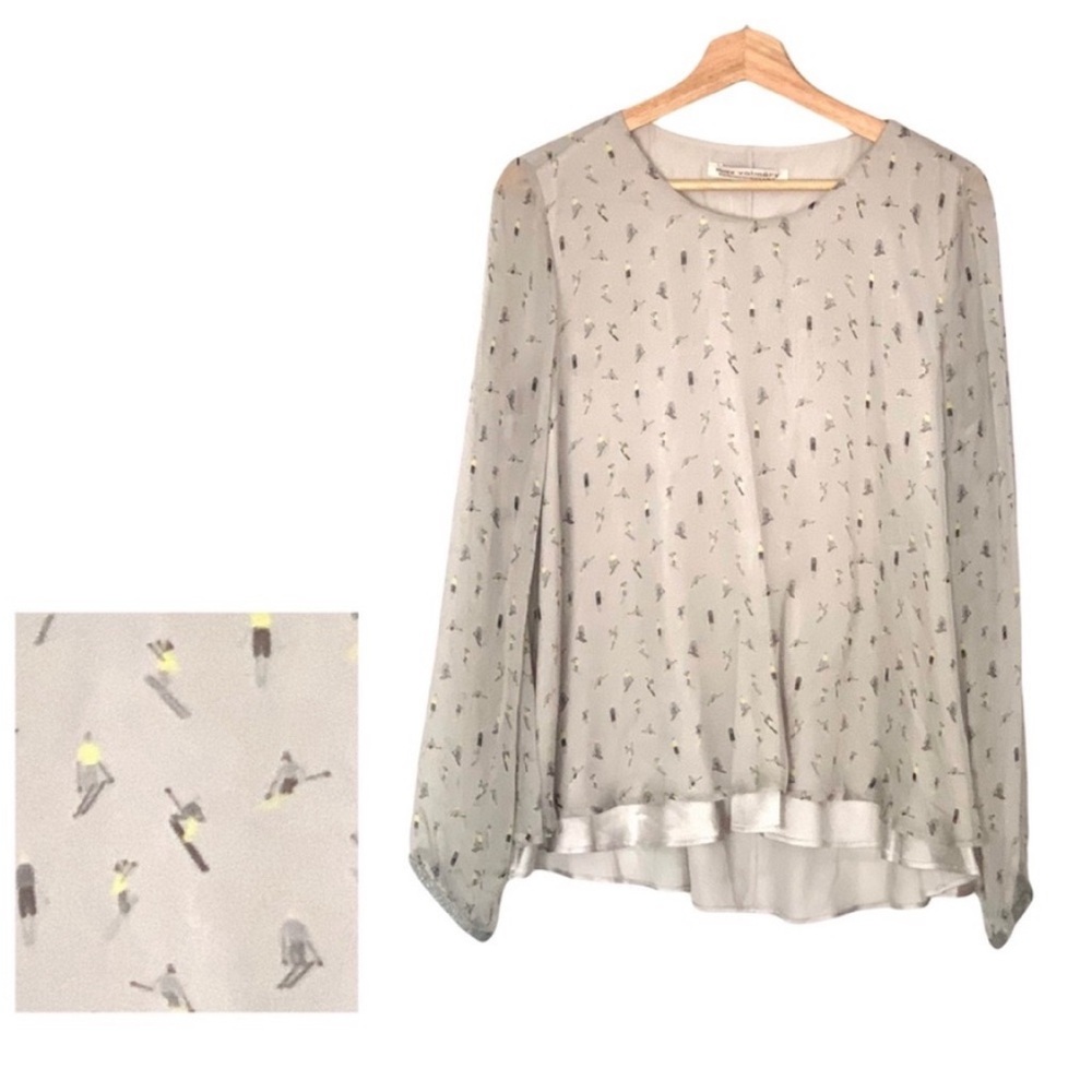Max Volmary Silk Blouse Long Sleeve Top Novelty Skier Print Size 10 NWT